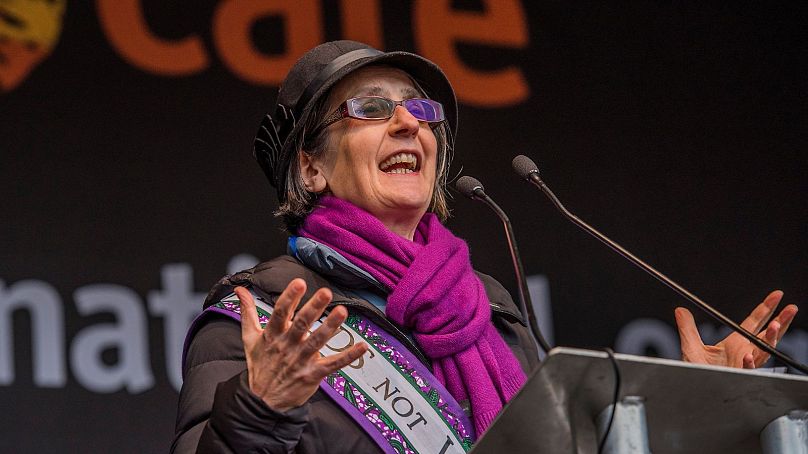 Helen Pankhurst, 2018'de Londra'da Uluslararası Kadınlar Günü'nü kutlamak için düzenlenen etkinlikte.