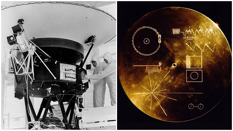 El disco 'Sonidos de la Tierra' está montado en la nave espacial Voyager 2 en el edificio Safe-1 del Centro Espacial Kennedy / El Disco Dorado