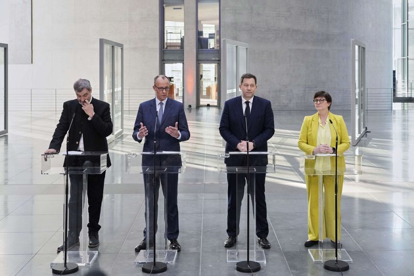  chairman of Bavarians Christian Social Union party, Christian Democratic Union party chairman Friedrich Merz and the Social Democratic Party leaders Lars Klingbeil and Saskia