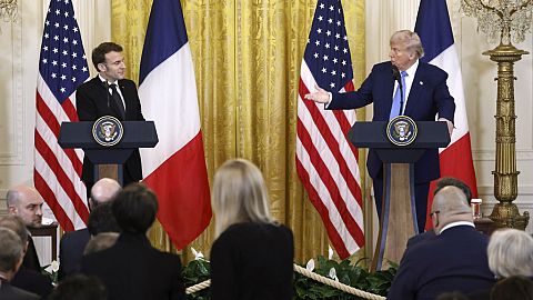 President Donald Trump speaks during a joint press conference with France's President Emmanuel Macron in the East Room of the White House in Washington, Monday, Feb. 24, 2025.