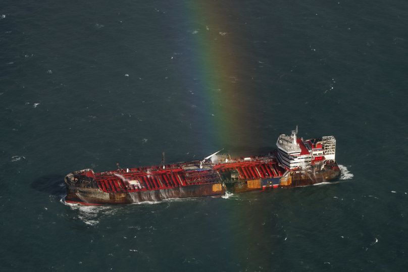 The damaged MV Stena Immaculate tanker at anchor off the Yorkshire coast in the North Sea, Tuesday, March 11, 2025 in England. 