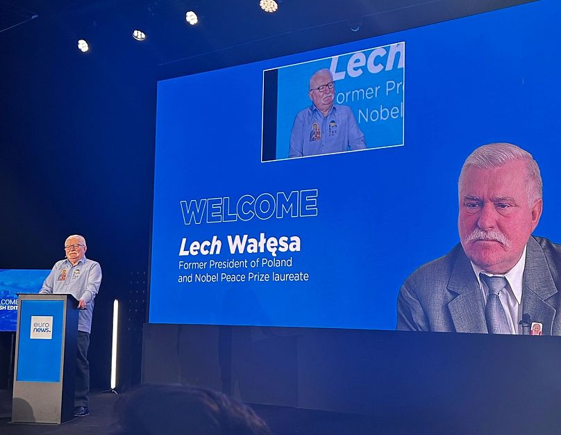 Nobel Peace Prize laureate Lech Wałęsa gives a speech at the launch of the Polish version of Euronews.