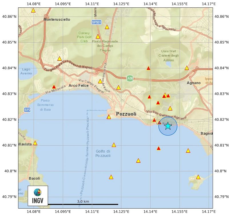 Localizzazione della scossa di terremoto 4.4 nei Campi Flegrei