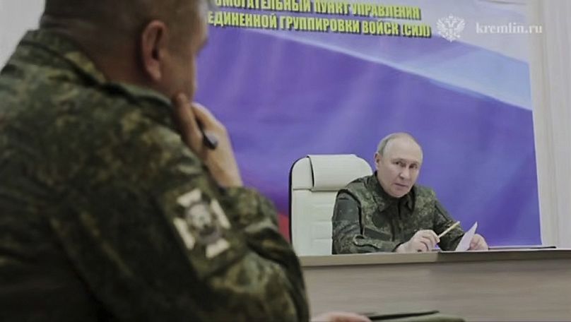 In this image made from video released by the Russian Presidential Press Service, on March 12, 2025, Russian President Vladimir Putin speaks during a visit to Kursk.