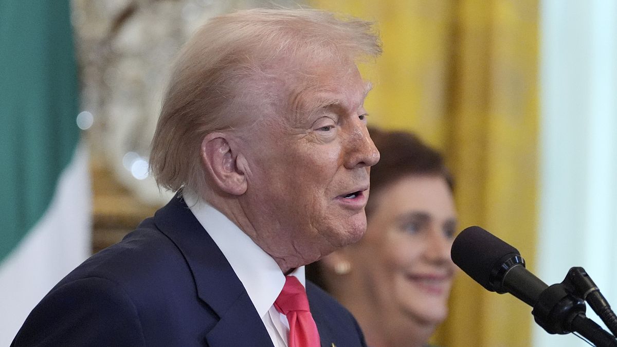 President Donald Trump speaks during an event with Ireland's Prime Minister Micheál Martin in the East Room of the White House in Washington. 12 March 2025.