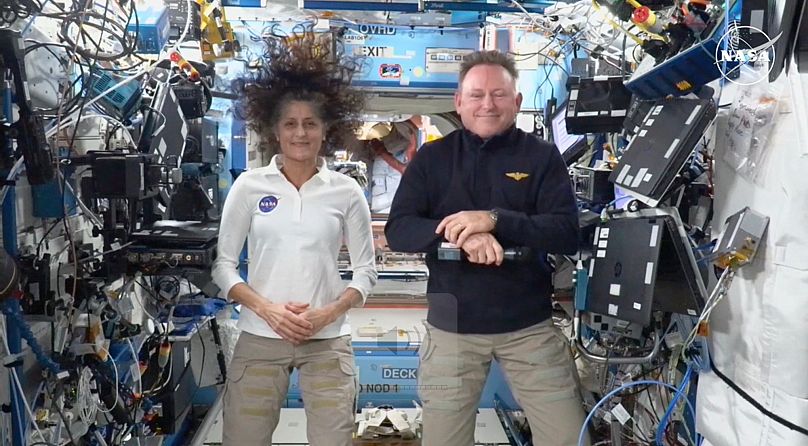 Les astronautes Suni Williams et Butch Wilmore lors d'une conférence de presse depuis la Station spatiale internationale, le vendredi 13 septembre 2024.