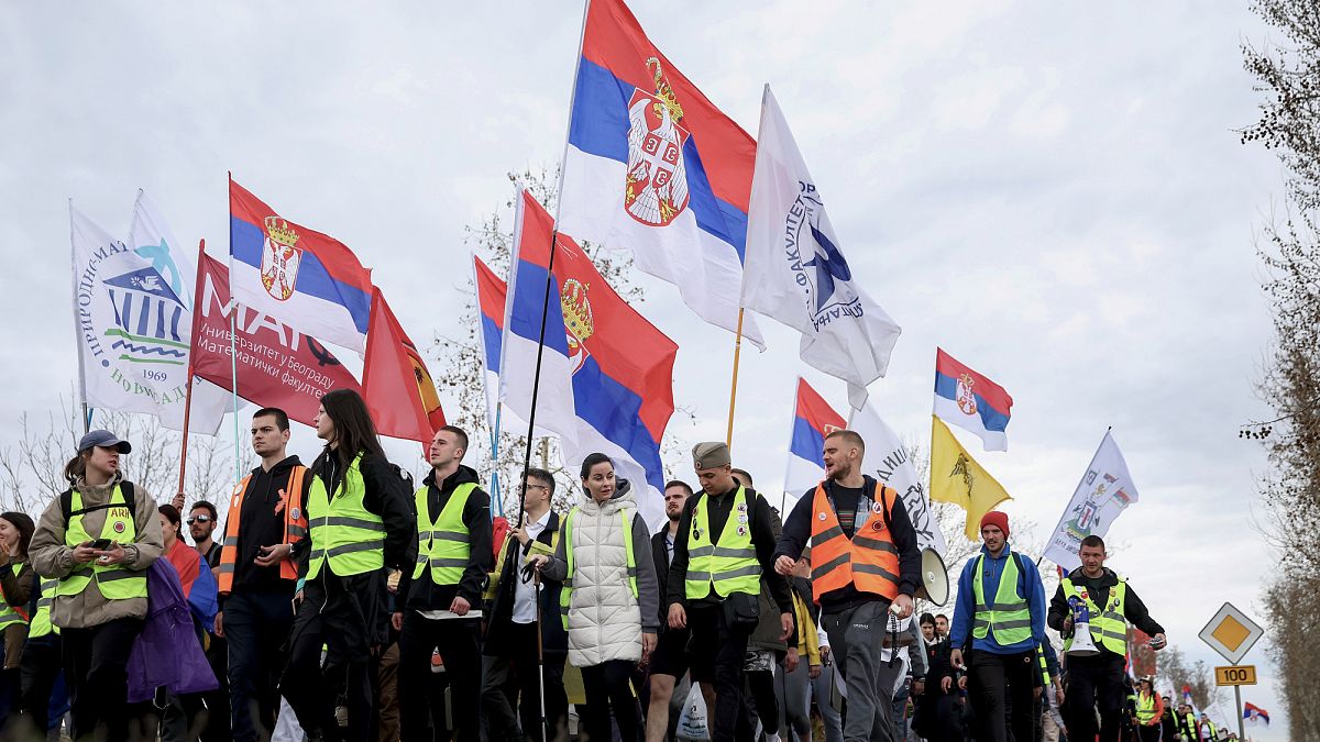 Thousands of Serbian anti government protesters converge on Belgrade for major rally