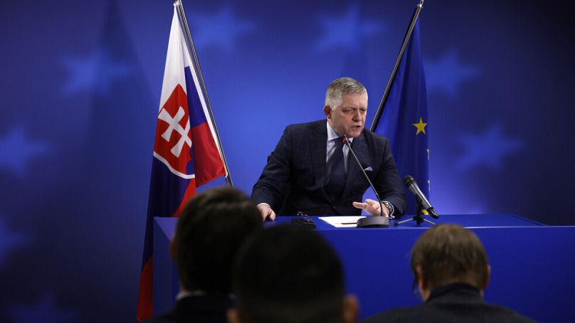 FILE: Slovakia's Prime Minister Robert Fico addresses a media conference at the end of an EU summit in Brussels, Thursday, Dec. 19, 2024