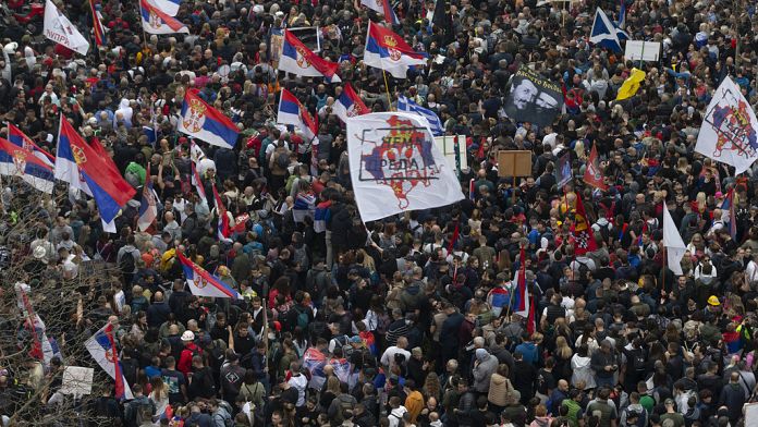 Tens of thousands protest in Belgrade against President Vucics government Tens of thousands of Serbians from across the country - most of them students -  held a major anti-government rally in Belgrade on Saturday.