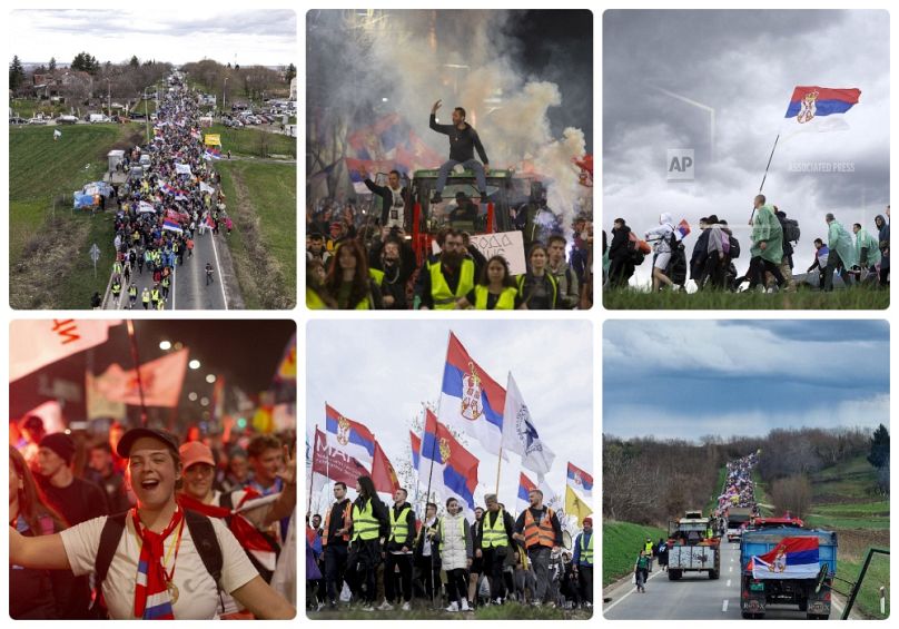 Gyalog menetelő diákok, és ünnepi fogadásuk Belgrádban, 2025. március 14-én