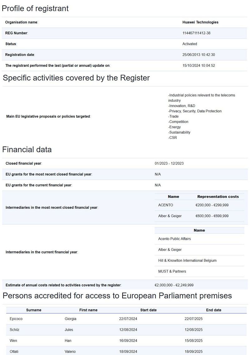 Extract of Huawei profile on the transparency register 