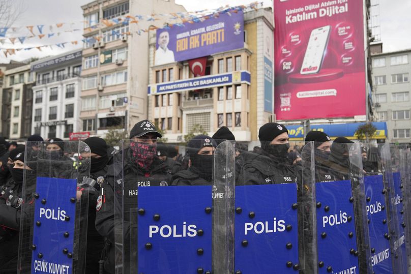 Police cordon off the roads leading to the Vatan Security Department, Istanbul, Turkey, Wednesday, March 19, 2025. 