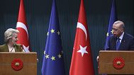 The President of the European Commission, Ursula von der Leyen, and the Turkish President, Recep Tayyip Erdogan, at a press conference in Ankara on 17 December 2024.