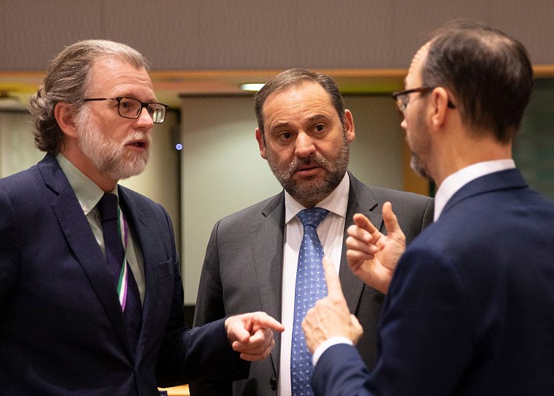Spain's Minister for Transportation José Luis Ábalos, centre, attends a meeting of EU transport ministers at the EU Council building in Brussels, 2 December, 2019