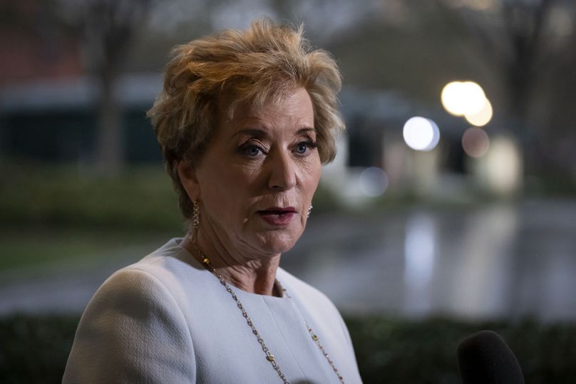 Secretary of Education Linda McMahon speaks to reporters at the White House in Washington, Thursday, March 20, 2025