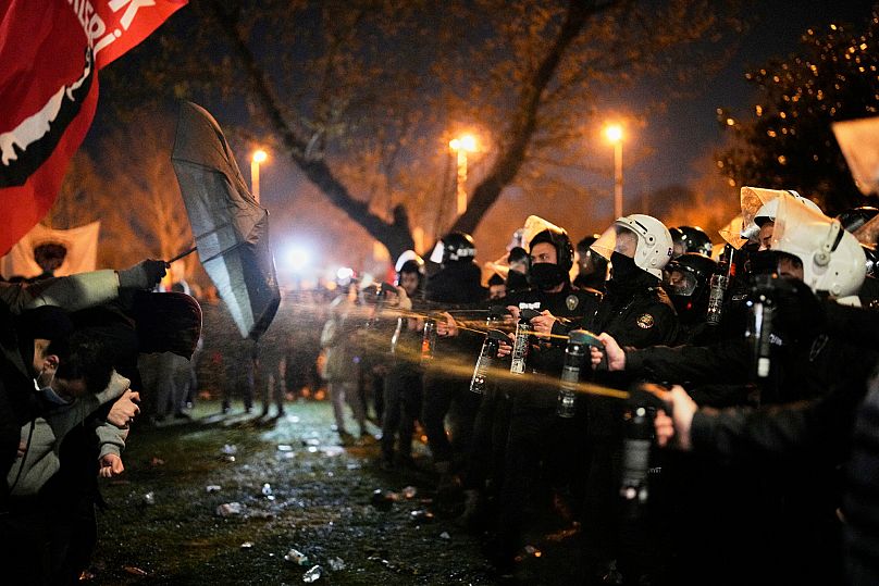 Riot police use pepper spray during clashes with protesters in Istanbul, 20 March, 2025