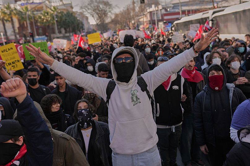 University students shout slogans in Istanbul in a protest against the arrest of Ekrem İmamoğlu, 21 March, 2025