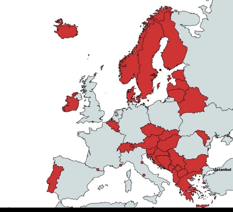 A vörössel jelölt európai országoknak kevesebb lakosa van, mint Isztambulnak