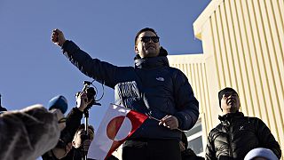 Jens-Frederik Nielsen speaks during a march ending in front of the US consulate, under the slogan, Greenland belongs to the Greenlandic people, in Nuuk, 15 March 2025