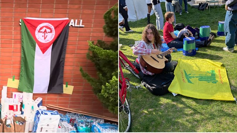 A PFLP palesztin terrorszervezet és a Hezbollah zászlói a Columbia campuson, 2024 május