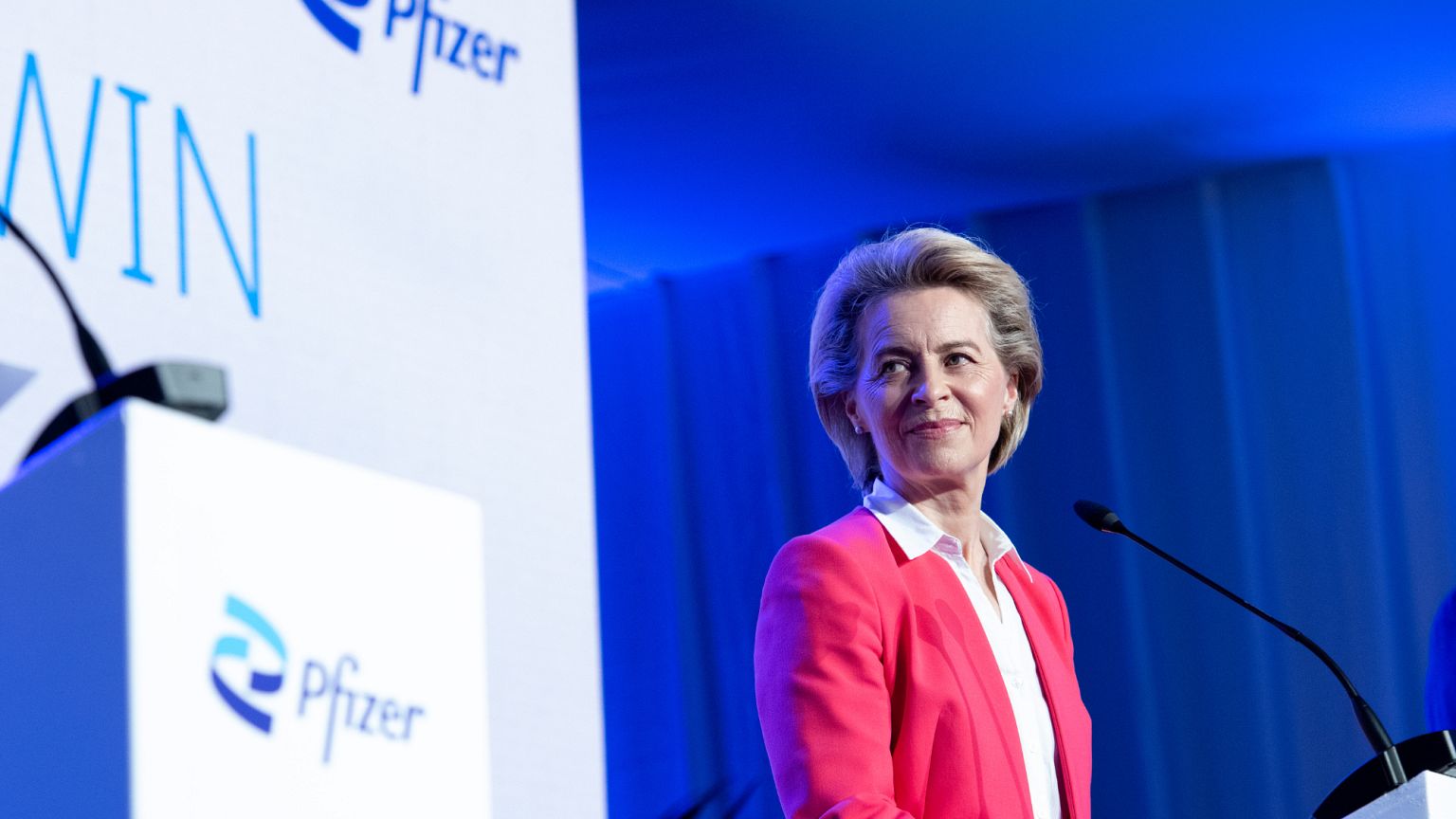 Commission chief Ursula von der Leyen in 2021 at the Pfizer Vaccine Production Facility in Puurs-Sint-Amands, Belgium.