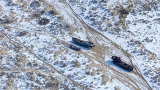 Boats marooned in Moynaq. 