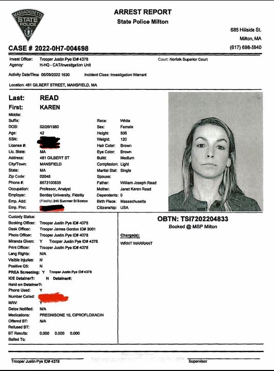 A Karen Read őrizetbe vételéről készült jegyzőkönyv