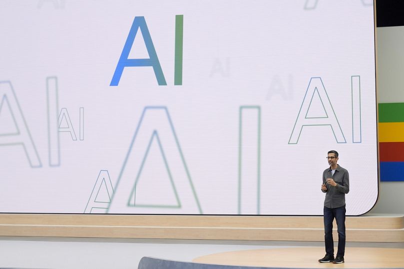 Sundar Pichai, PDG d'Alphabet, s'exprime lors de l'événement Google I/O à Mountain View (Californie), le 14 mai 2024.