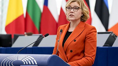 EU Tech Commissioner Henna Virkkunen speaking at a European Parliament plenary session.