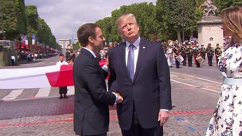 Emmanuel Macron, Donald Trump és Melania Trump 2017 július 14-én Párizsban