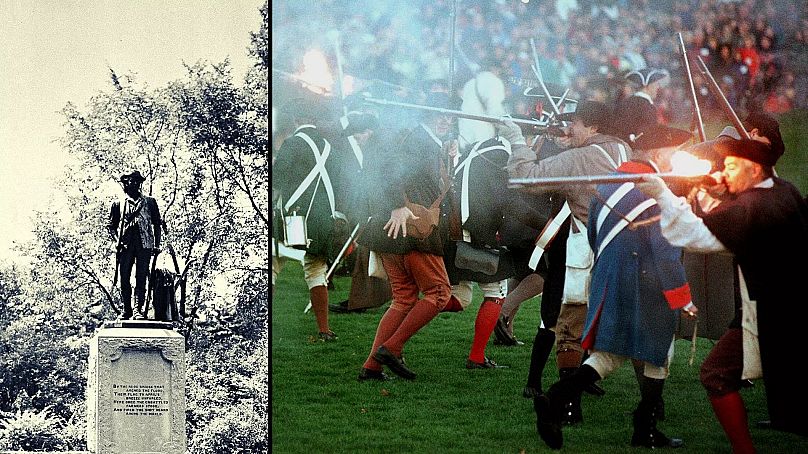 (1) Minute-man szobor Concorde-ban (2) harci játékon elevenítik fel a lexingtoni csata lefolyását Massachusettsben, 2019 április 19-én