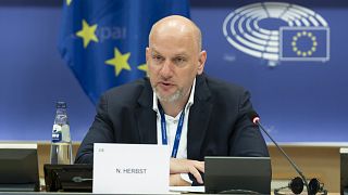 MEP Niclas Herbst (EPP/Germany) chairs a sitting of the European Parliament's budgetary control committee.