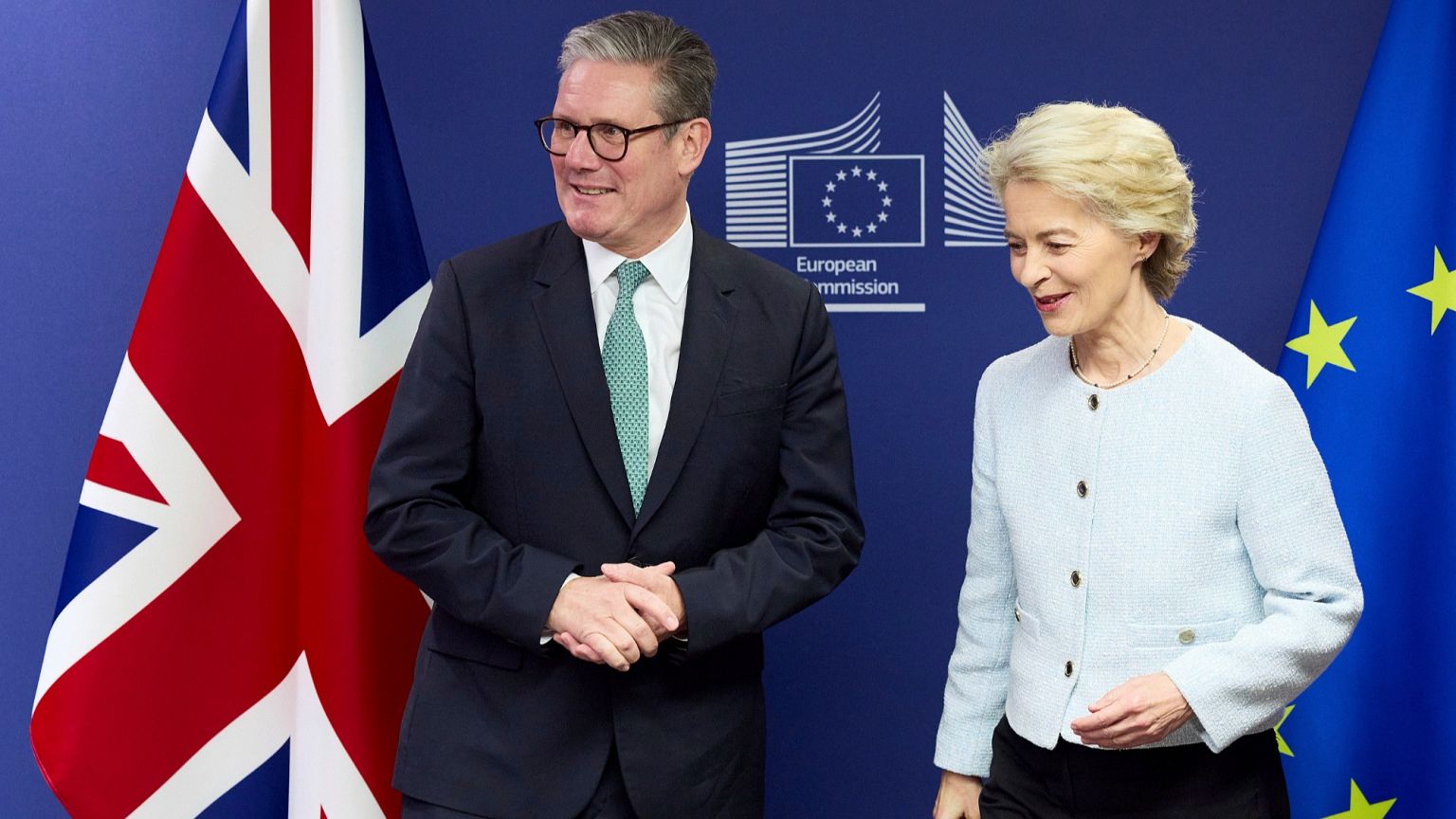 Britain's Prime Minister Keir Starmer, left, meets European Commission president Ursula von der Leyen in Brussels, Oct. 2, 2024.  
