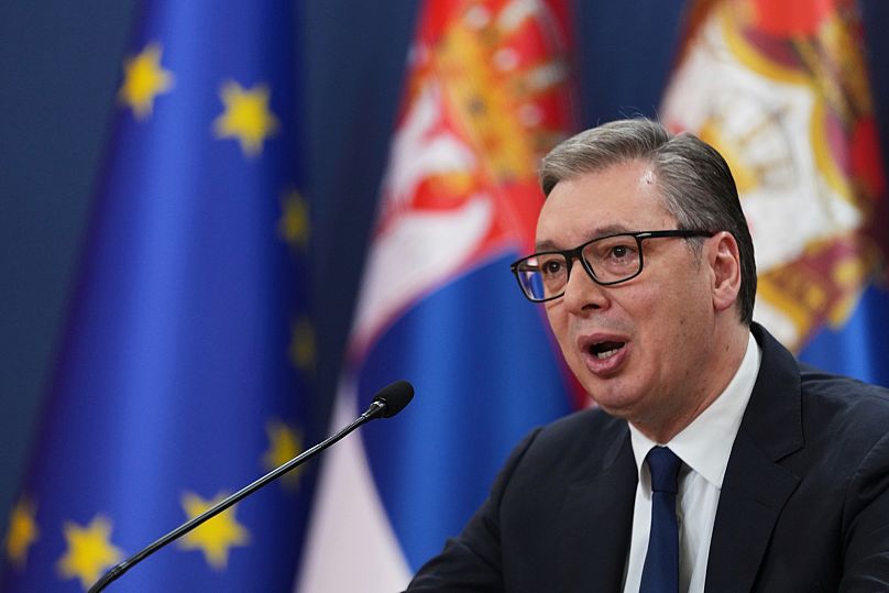 Prezydent Serbii Aleksandar Vučić przemawia i ogłasza nazwisko przedstawiciela do składu nowego rządu w Belgradzie, Serbia