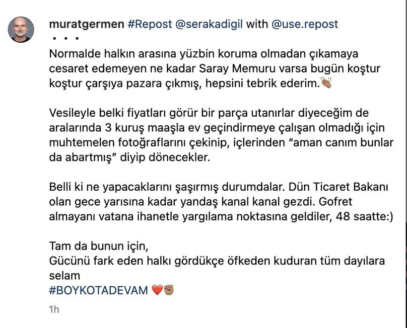 Murat Germen'in boykot desteğine ilişkin paylaşımı