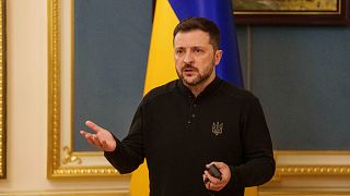 Ukrainian President Volodymyr Zelenskyy speaks during a press conference in Kyiv, Ukraine, Friday, April 4, 2025. (AP Photo/Evgeniy Maloletka)
