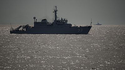 A warship sails during a Romanian Navy led exercise outside Constanta, Romania, Tuesday, April 16, 2024. The exercise, dubbed "Sea Shield 2024.