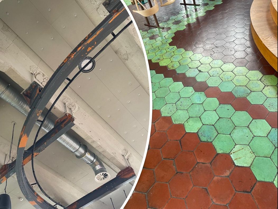 Ceiling-mounted submarine parts transporter (L) and the original safety-route tiles on the floor (R)