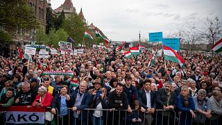 Supporters attend a rally for the Hungarian opposition Tisza Party in Budapest, 13 April 2025