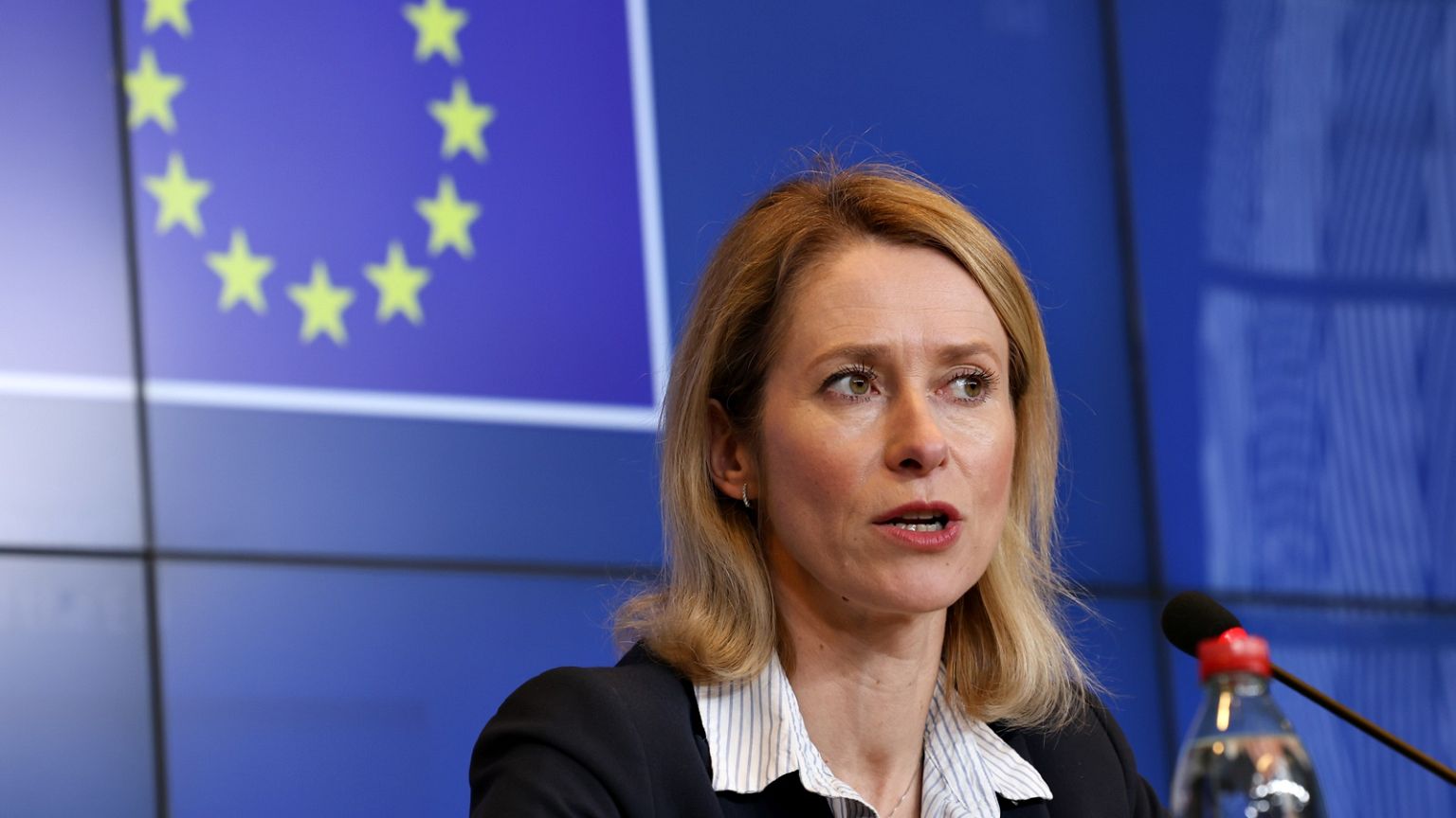 Kaja Kallas spoke to reporters after a ministerial meeting in Luxembourg.