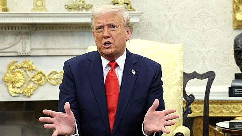 President Donald Trump speaks during a meeting with El Salvador's President Nayib Bukele in the Oval Office of the White House.