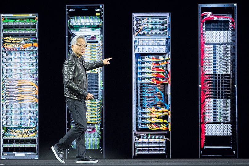 Dyrektor generalny Jensen Huang przemawia podczas konferencji Nvidia GTC we wtorek, 18 marca 2025 r., w San Jose