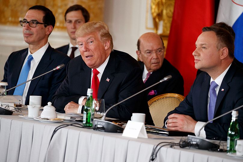 Prezydent Donald Trump i prezydent Andrzej Duda podczas szczytu w Warszawie w 2017 r. 