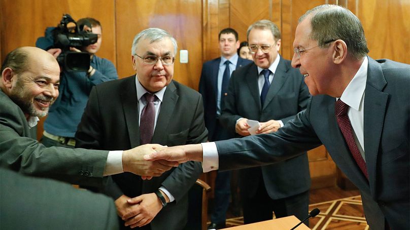Moussa Abu Marzouk Hamász főtisztviselő találkozója Szergej Lavrov orosz külügyminiszterrel (korábbi felvétel)