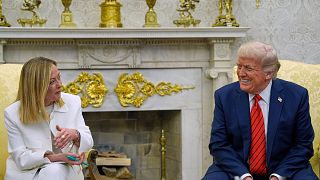 Italian Prime Minister Giorgia Meloni and US President Donald Trump during bilateral talks in the Oval Office, Washington D.C., 17 April 2025