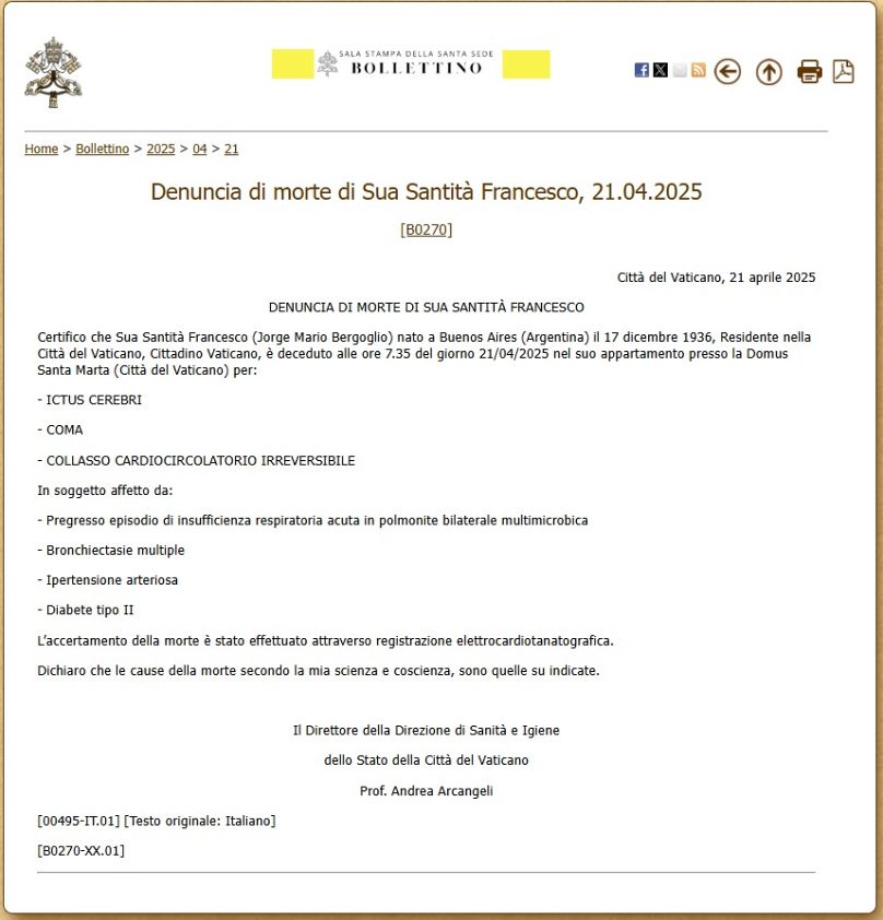 Comunicado, en italiano, de la causa de la muerte del Papa Francisco.