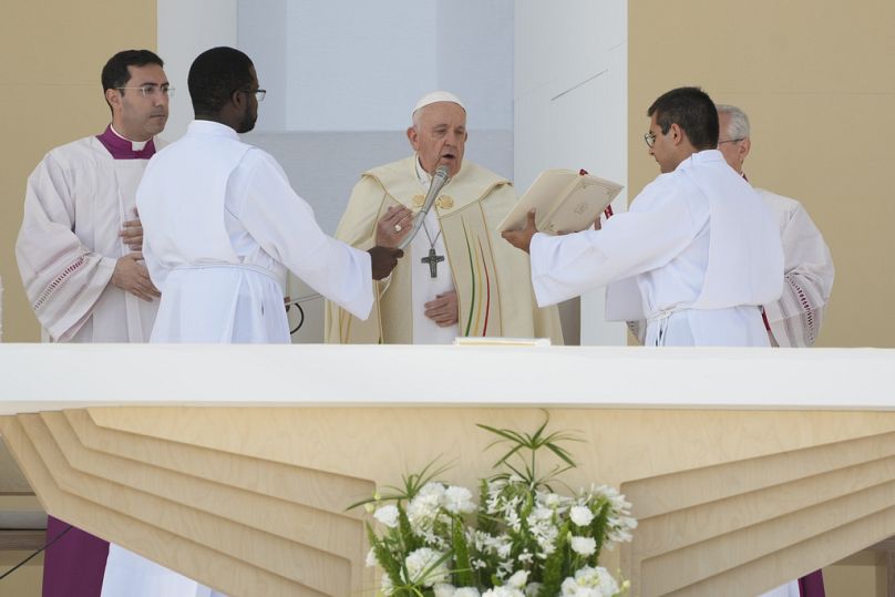 O Papa Francisco presidiu a missa em celebração da 37.ª Jornada Mundial da Juventude, no Parque Tejo, em Lisboa, a 6 de agosto de 2023. 