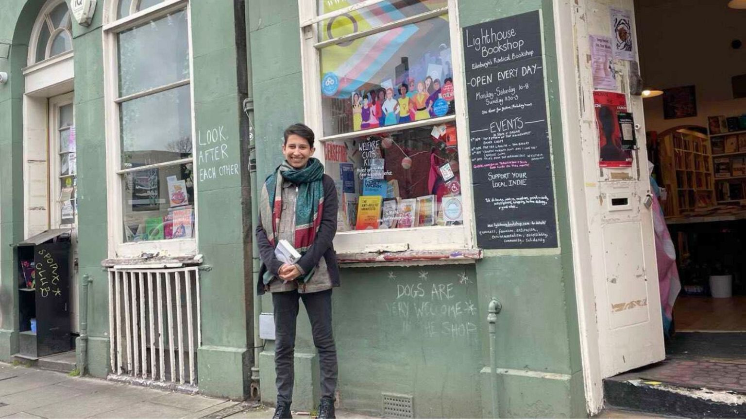 Jess Gaitán Johannesson outside Lighthouse, Edinburgh's Radical Bookshop.