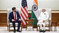 US Vice President JD Vance talks with Indian Prime Minister Narendra Modi during a meeting in New Delhi, India, Monday, April 21, 2025.