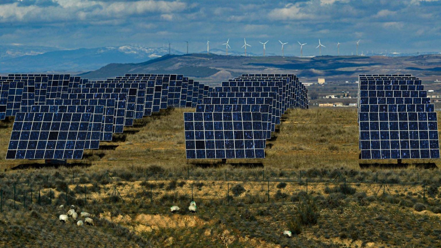 Solar panels work in the town of Milagro, Navarra Province, northern Spain, February 2023.